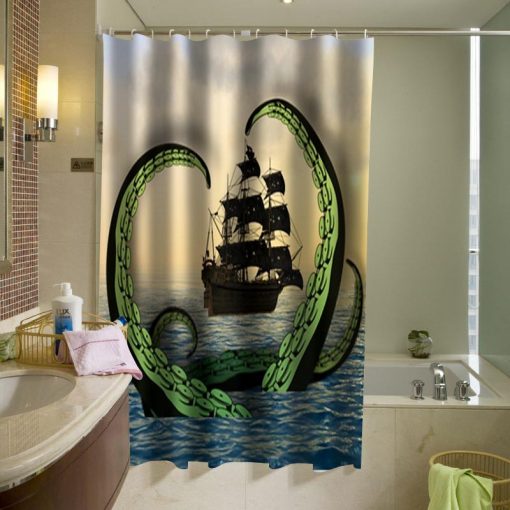 Cool Nautical Shower Curtain, Octopus vs. Pirate Ship Shower Curtain