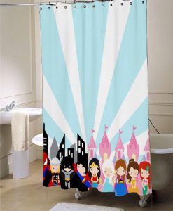 superhero princess shower curtain, blue and pink, princess shower curtain