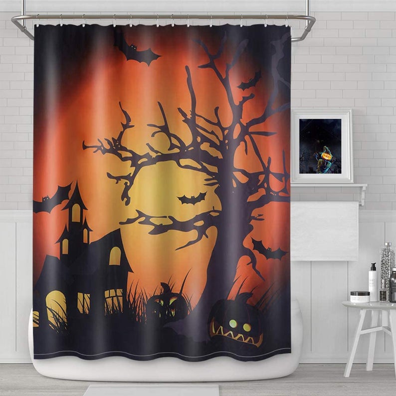 Halloween Moon Castle Black Shower Curtain - americanteeshop.com ...