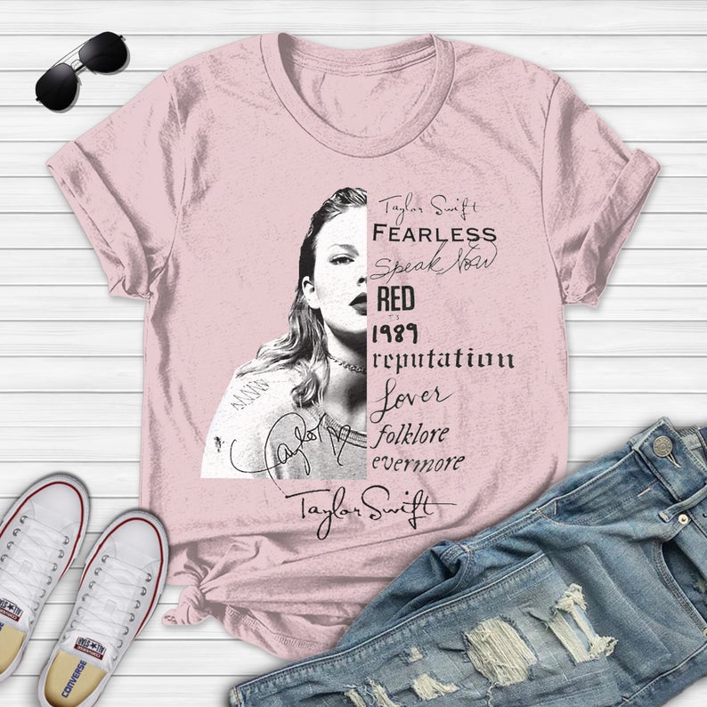Taylor Swift Albums Fearless Speak Now Red 1989 Reputation Lover Folklore Signature Unisex T-Shirt
